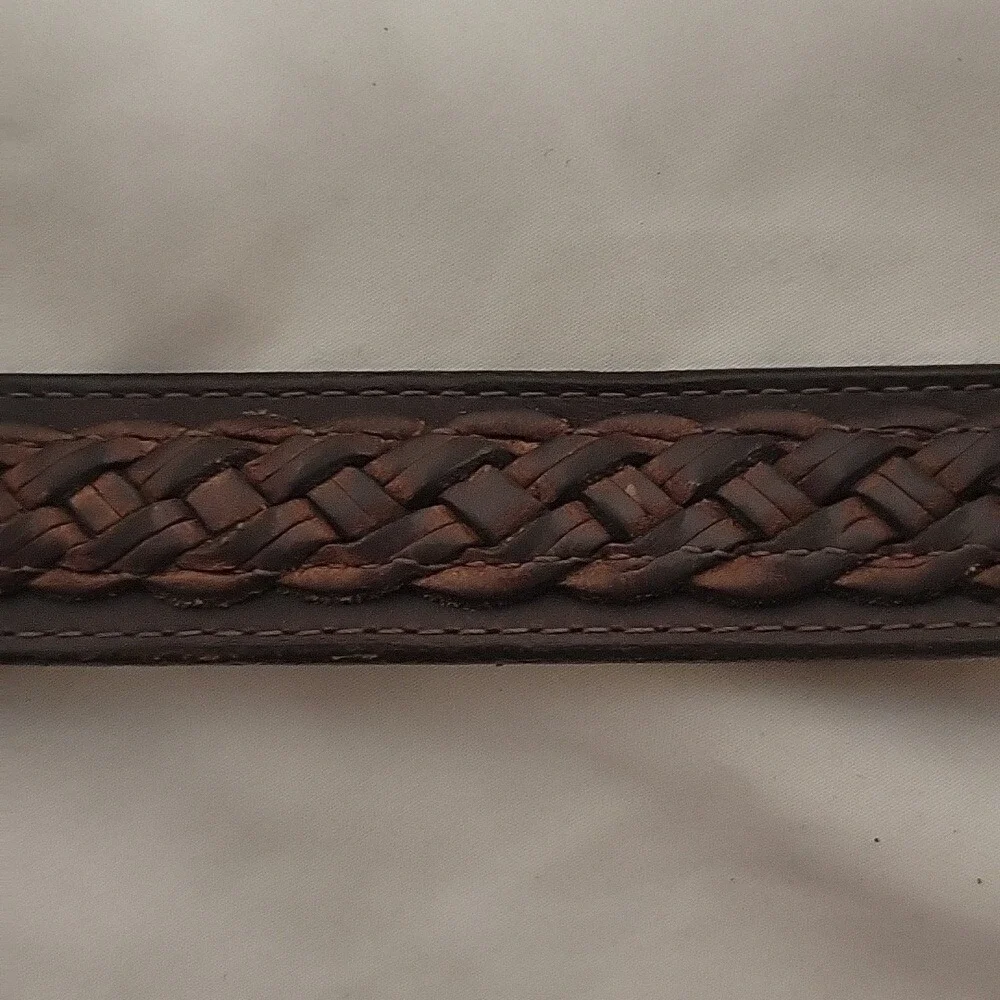 VINTAGE Leather Belt‎ Strap Embossing Western Scrollwork Strap Brown Size M